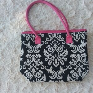 Belvah Black and White Tote with Pink Handles